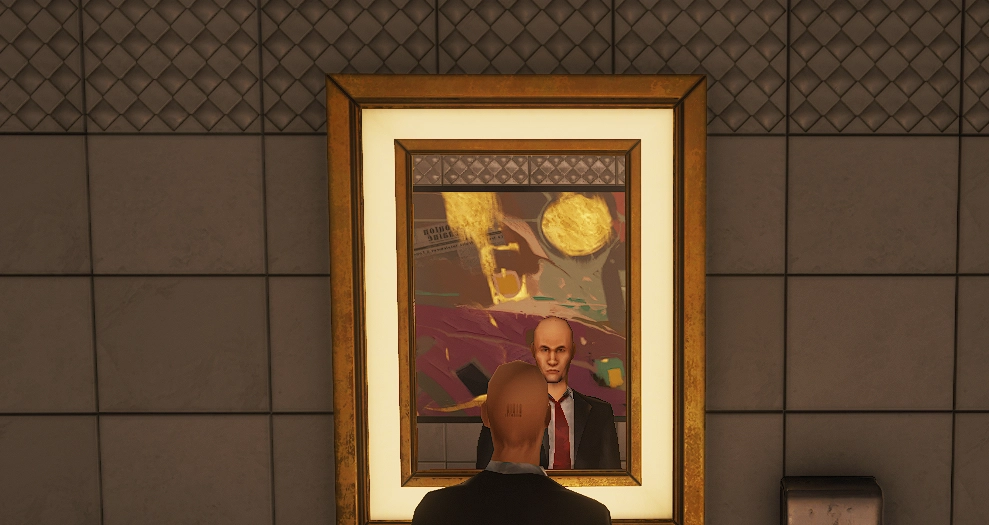 hitman 3 screenshot of a low poly agent 47 starring at himself in the mirror