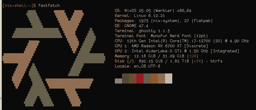 fastfetch nixos screenshot with my specs and a colour schemes that's got very muted brown and green tones with a more saturated dark red and yellow