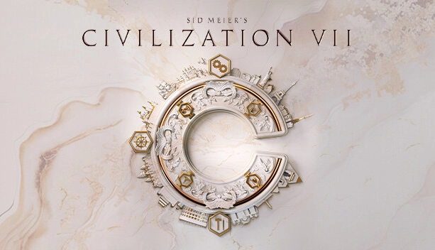 Civilisation VII Logo with an old marble and gold, extremely decorated C logo 
