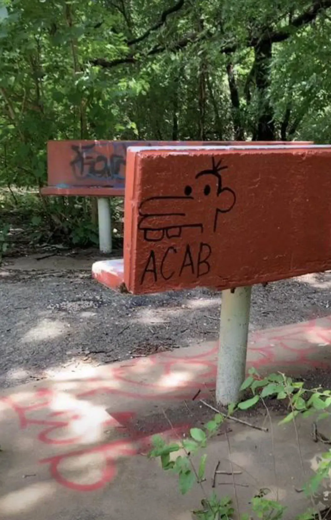 manny from diary of a wimpy kid's face drawn on a bench with ACAB