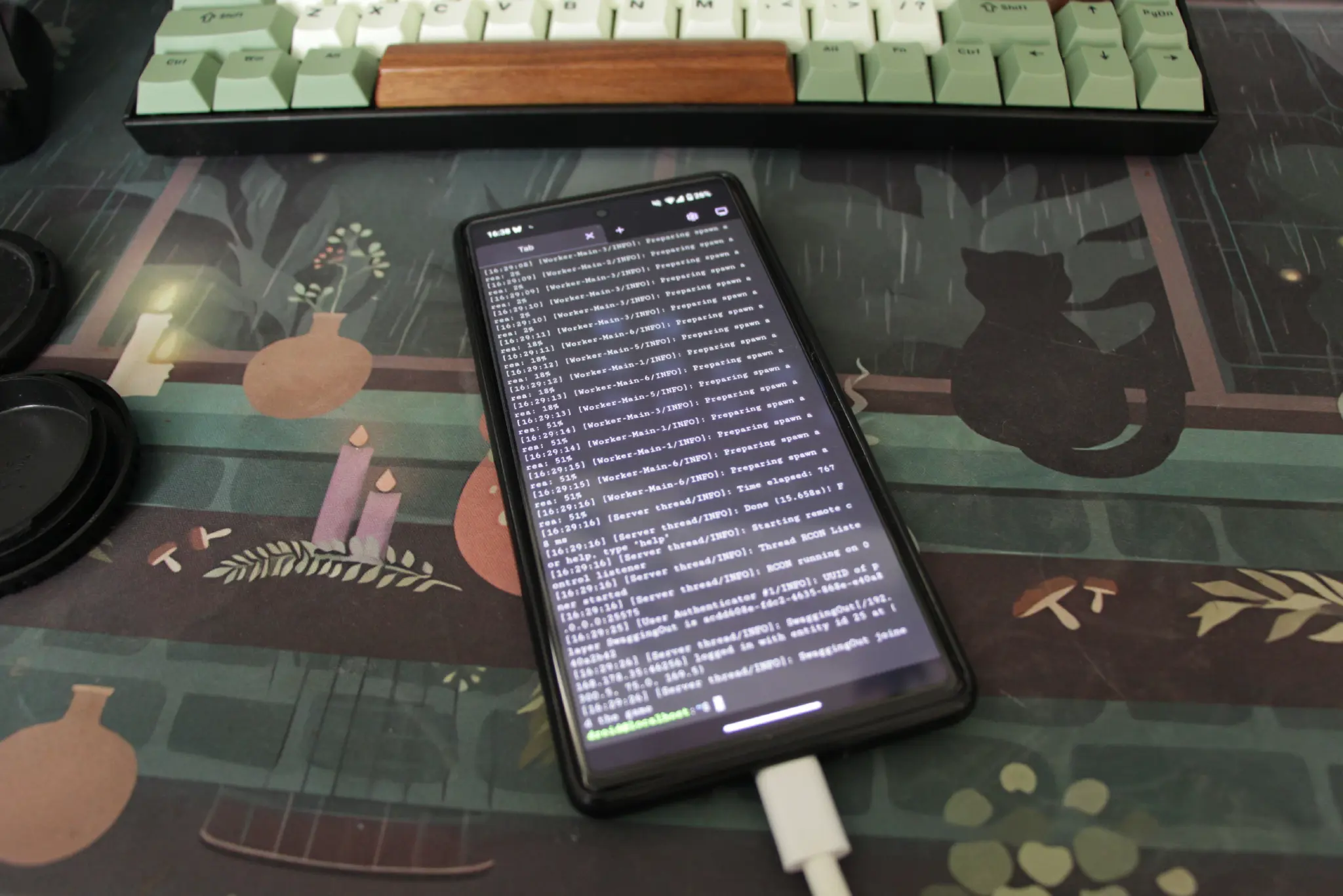 picture of a google pixel 6 with the minecraft server output on it 