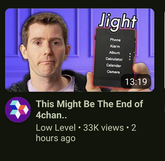 shortcircuit thumbnail and channel logo with linus tech tip's face, and the video is actually from a channel named Low Level with the title "This might be the end of 4chan.."