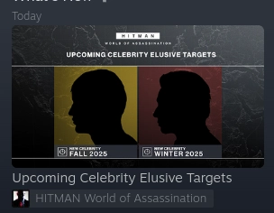 steam news page showing my hitman news with upcoming celebrity elusive targets and its 2 silhouettes of men 