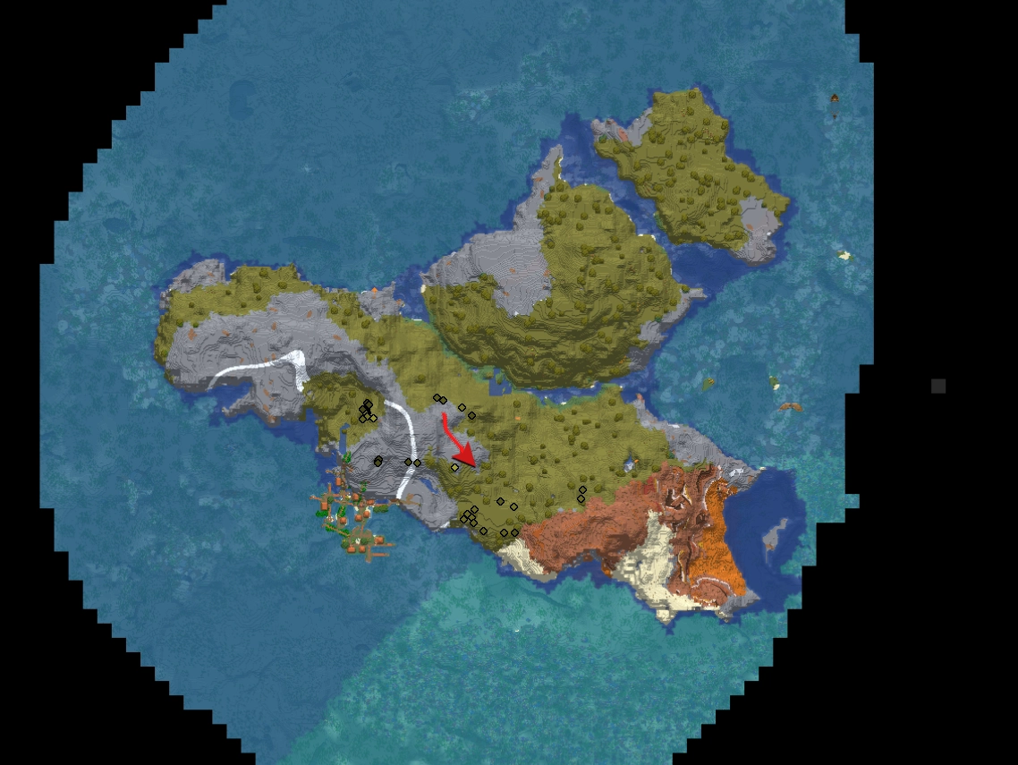 birds eye view map of this massive island with mountain, savannah and mesa biomes.