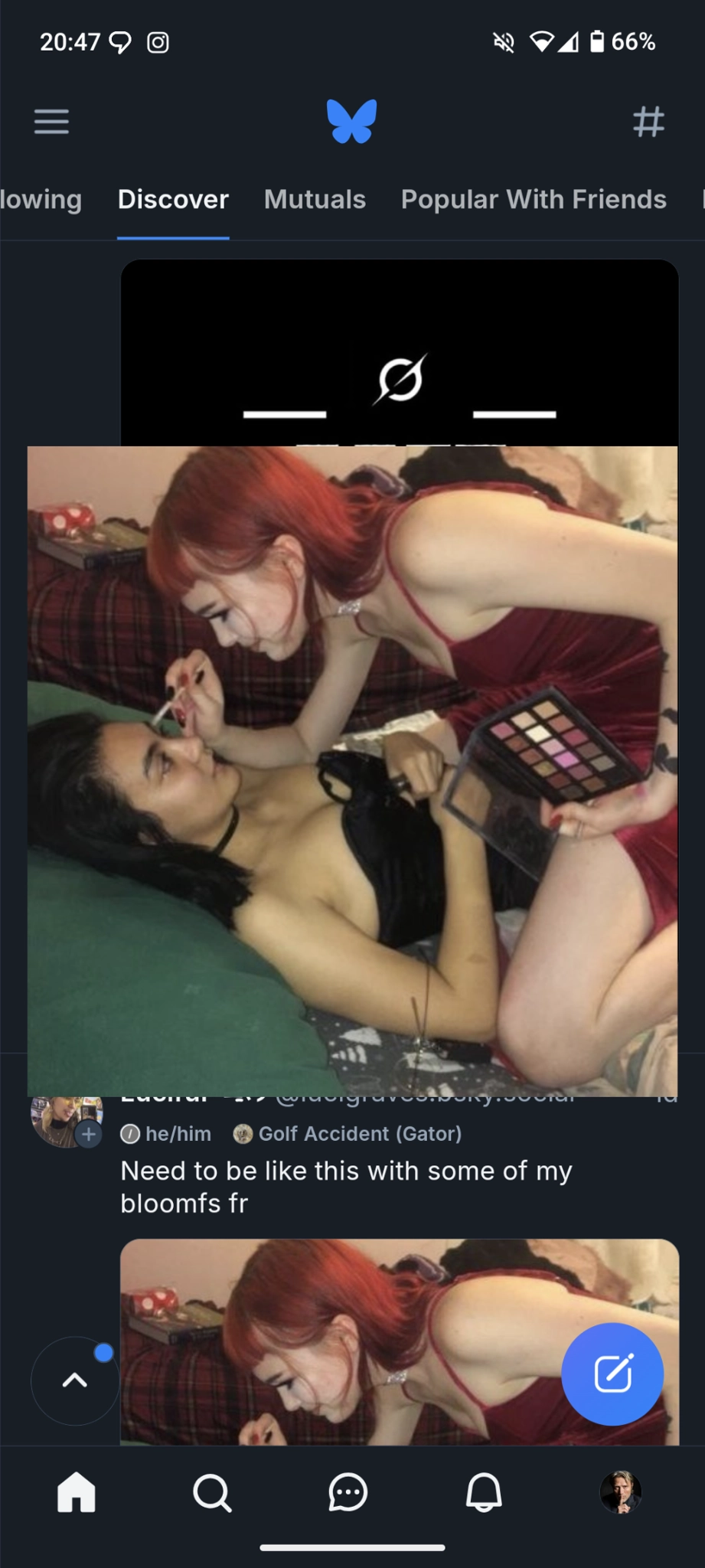 bsky app bugging out showing a picture of a girl lying on another girl applying make up onto her in front of my discover feed showing a grok logo