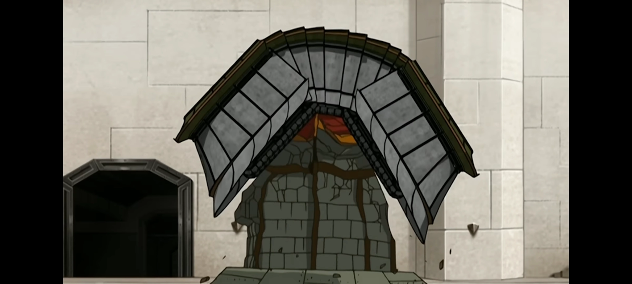 the scene from avatar the last airbender of the earth nation tank crushing a fire nation watch tower thing