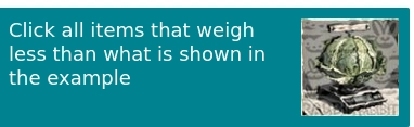 Click all items that weigh less than what is shown in the example and the example is something indescribable