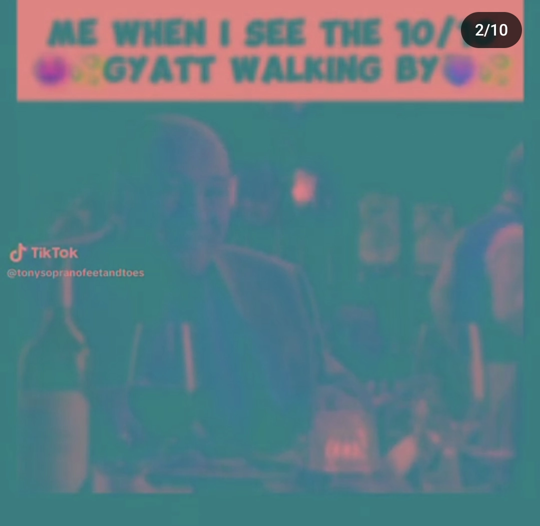 the video of tony soprano saying "how bout that pricks face when he saw the gyatt" with some fucked up blue and peach coloured filter over it