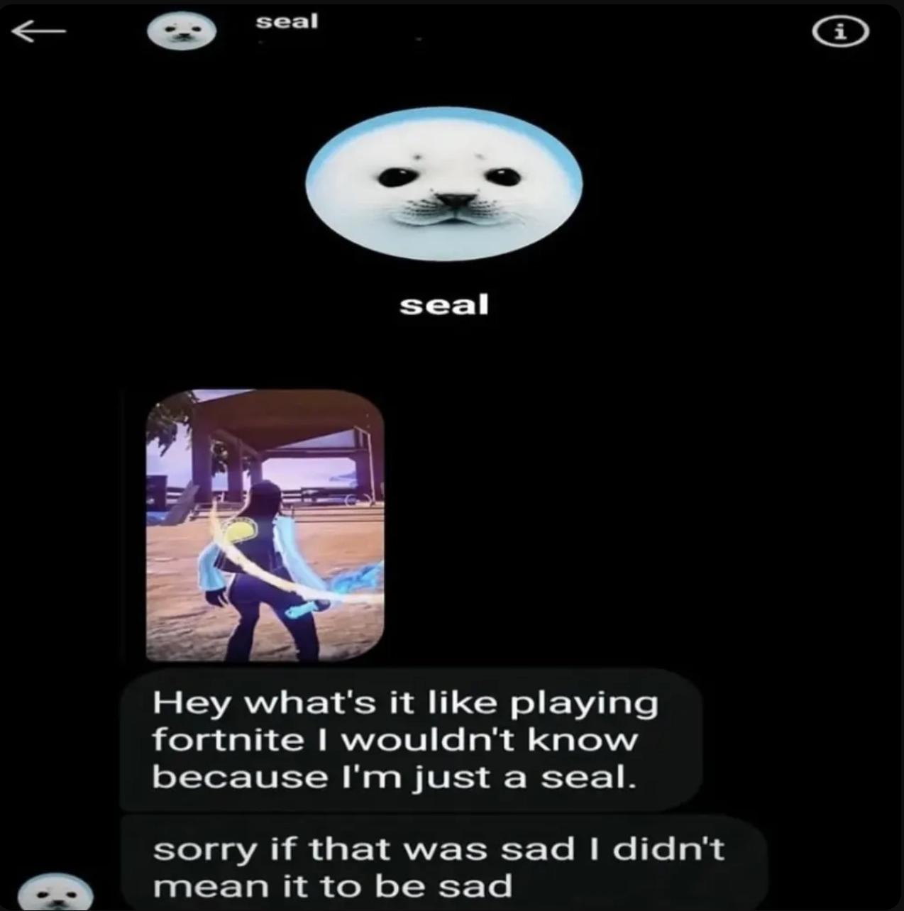 ig dm from seal replying to a story of fortnite with the msg: "hey what's it like playing fortnite i wouldn't know im just a seal. sorry if that was sad i didn't mean it to be sad"