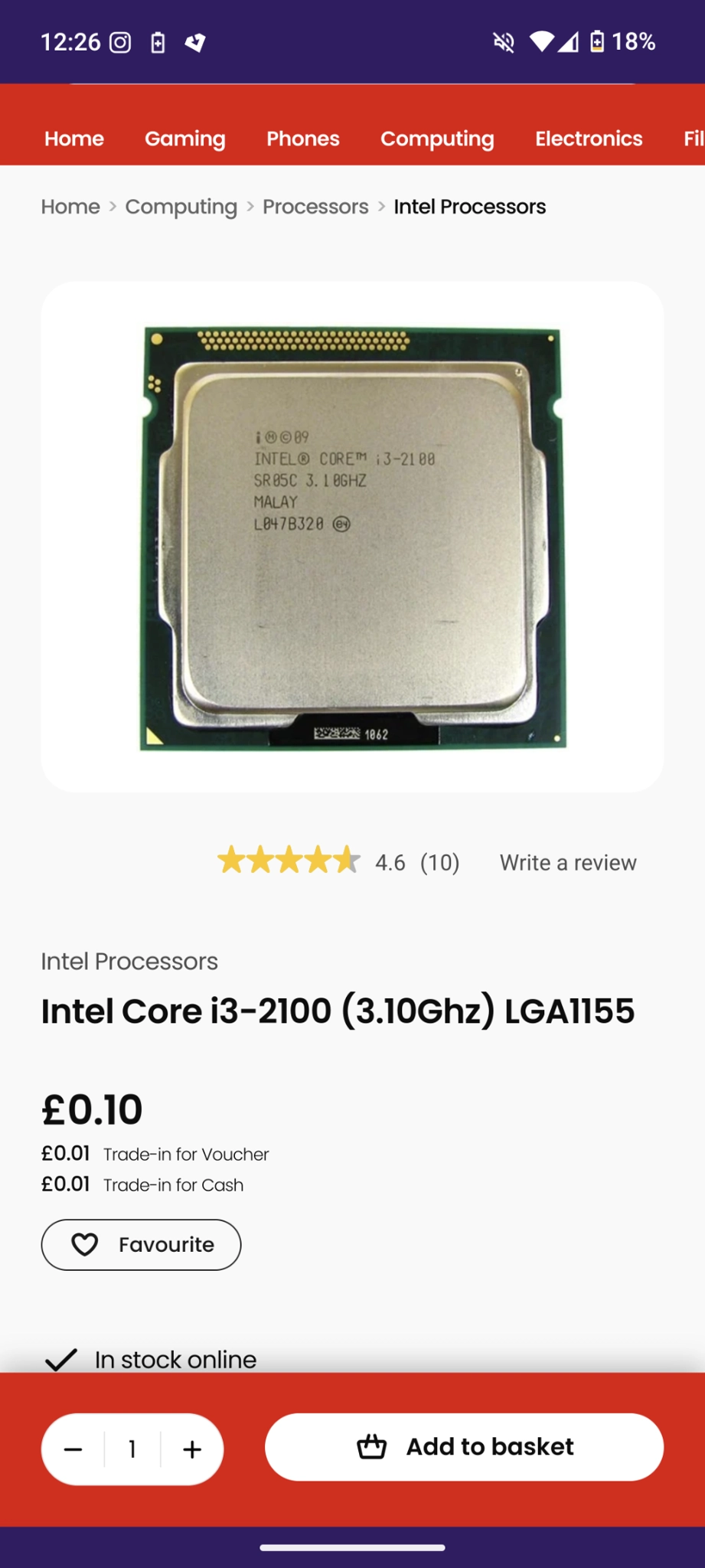 CeX screenshot showing that the i3-2100 is 10p