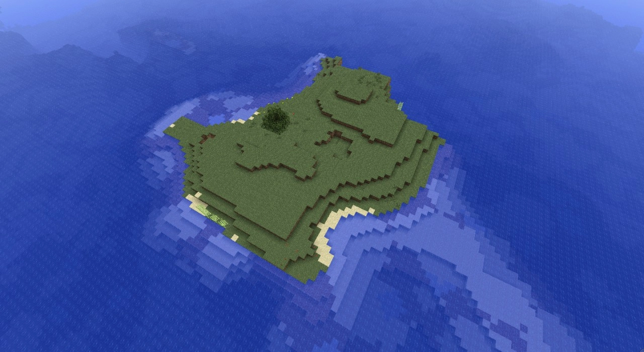 top down view of an old style minecraft survival island with a single tree, sugar cane and Nothing else