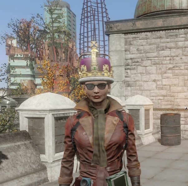 my fallout character wearing the crown of the english monarch