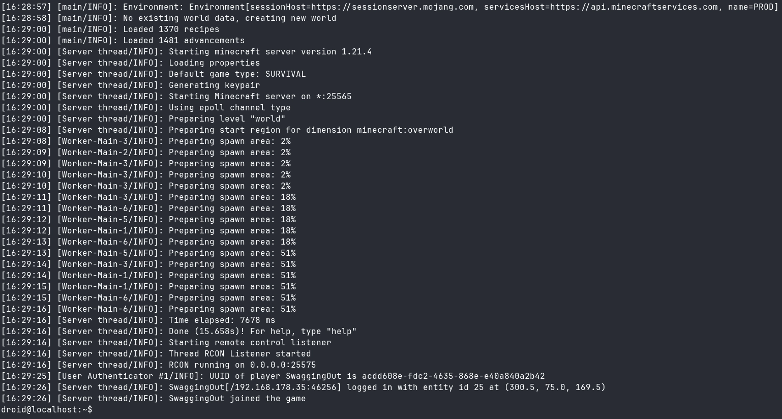 server logs with droid@localhost at the bottom