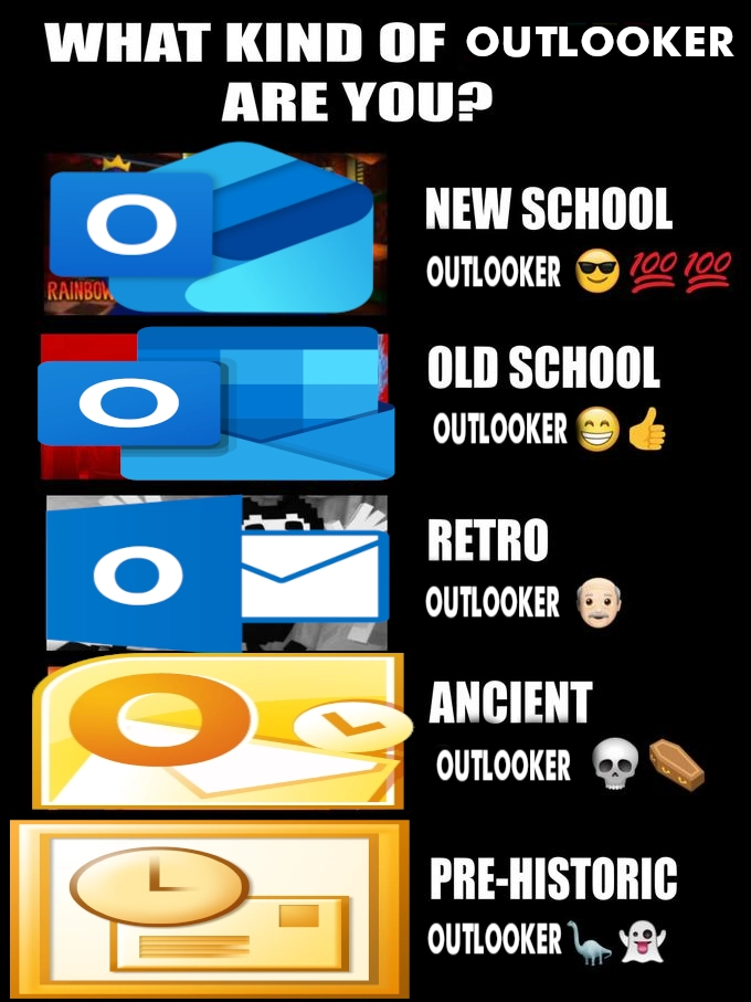 WHAT KIND OF OUTLOOKER ARE YOU?

Newest Outlook logo - NEW SCHOOL OUTLOOKER 😎💯💯

2019 Outlook - OLD SCHOOL OUTLOOKER 😁👍

2013 Outlook - RETRO OUTLOOKER 👴

2010 Outlook - ANCIENT OUTLOOKER 💀⚰️

2003 Outlook - PRE-HISTORIC OUTLOOKER 🦕👻