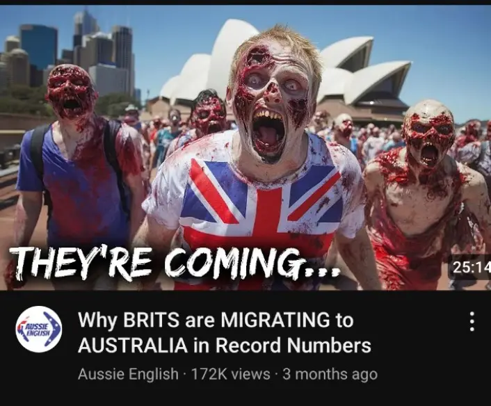 youtube video titled "Why BRITS are MIGRATING to AUSTRALIA in Record Numbers" and its a video of a bunch of zombied wearing union jacks in front of the sydney opera house with the text "They're coming..."