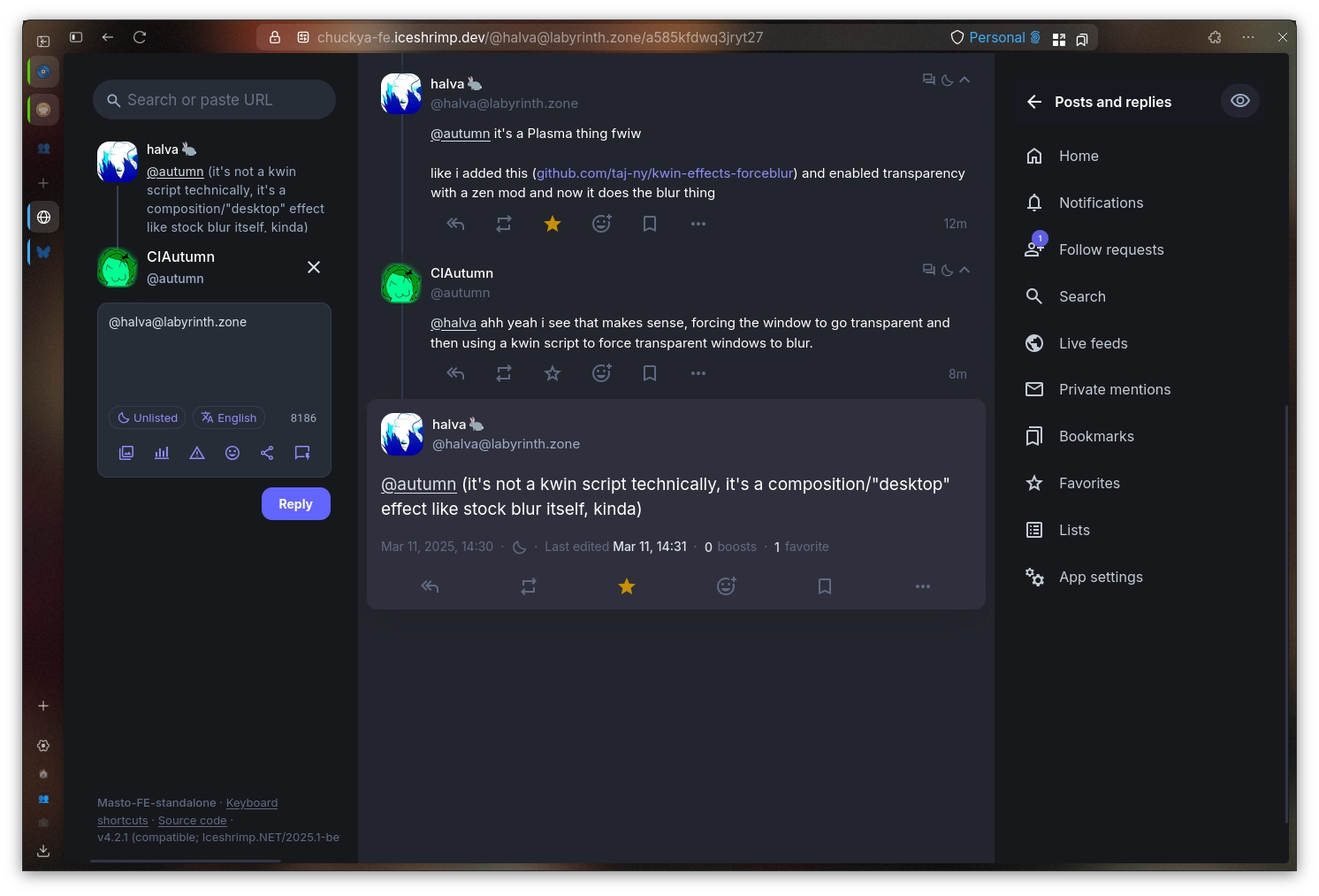 screenshot of zen browser with blurred toolbars showing the current thread 