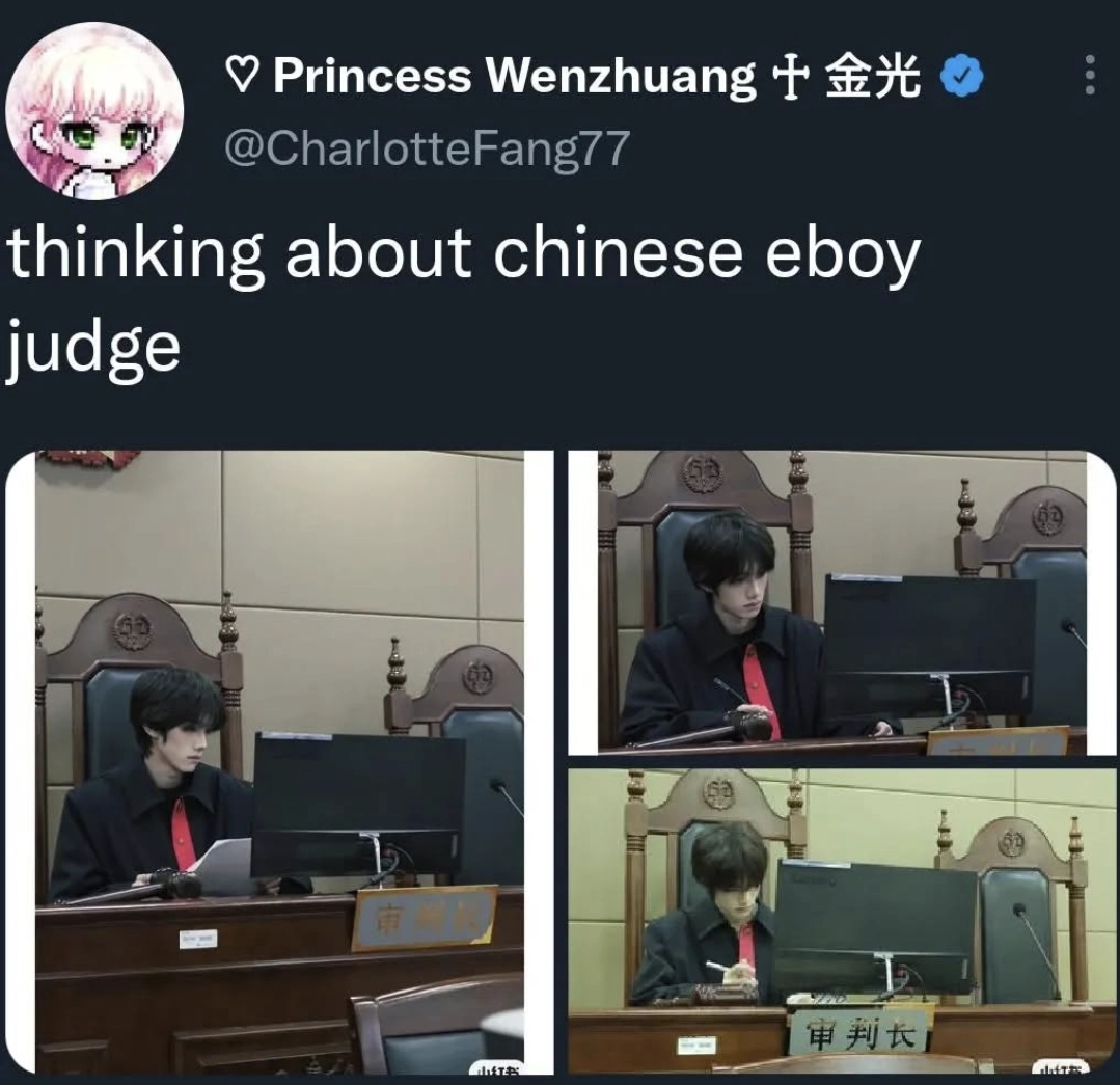 twitter screenshot saying "thinking about chinese eboy judge" with 3 pictures of a relatively young looking guy wearing a black shirt and red tie at the judge's seat