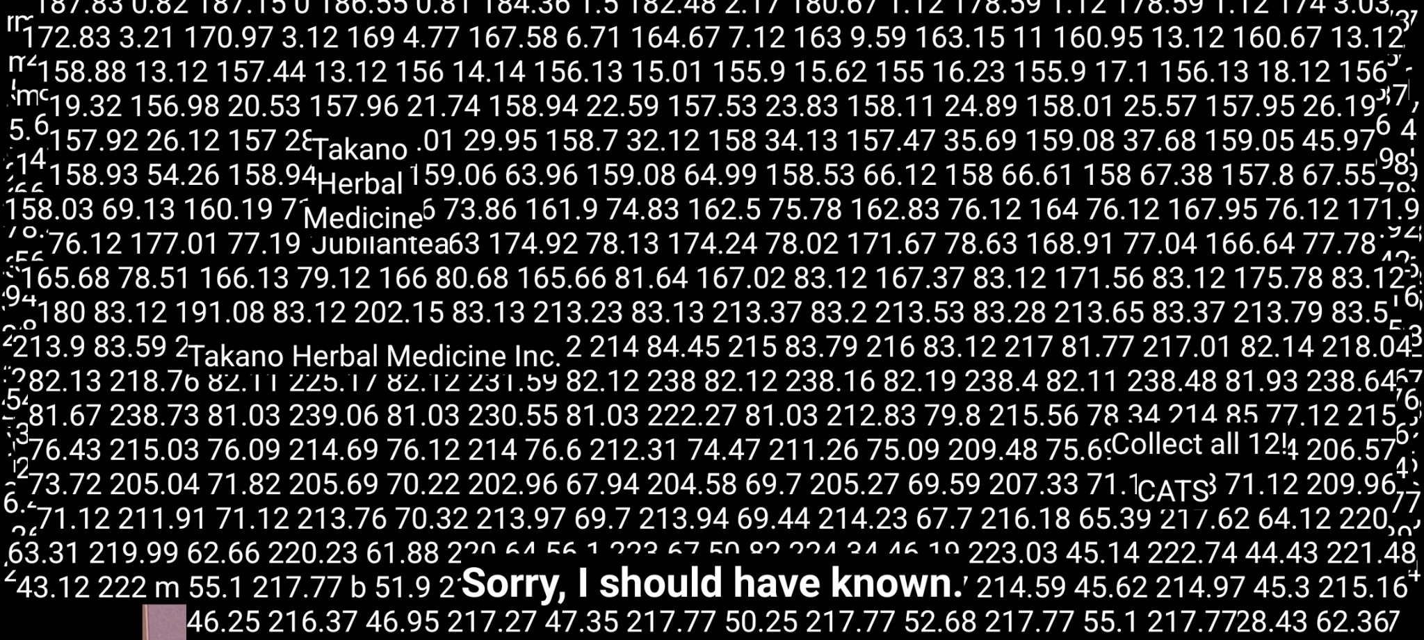 findroid screenshot of a bunch of what looks like coordinates from the subtitle track all over the screen with a few words here and there (that correspond to their position on the actual show)