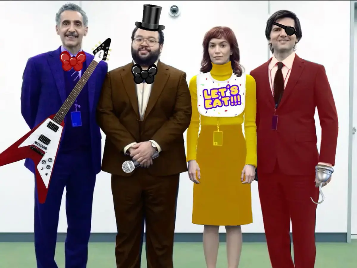 the cast of severance as fnaf characters, irving is bonnie with a guitar, dylan is freddy, helly is chica and mark is foxy