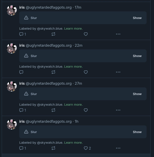 every iris post being labelled "slur" by skywatch.blue