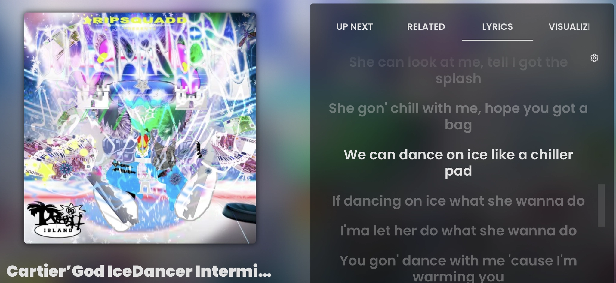 Cartier'God IceDancer Intermission - Bladee - Icedancer, lyrics are "We can dance on ice like a chiller pad"