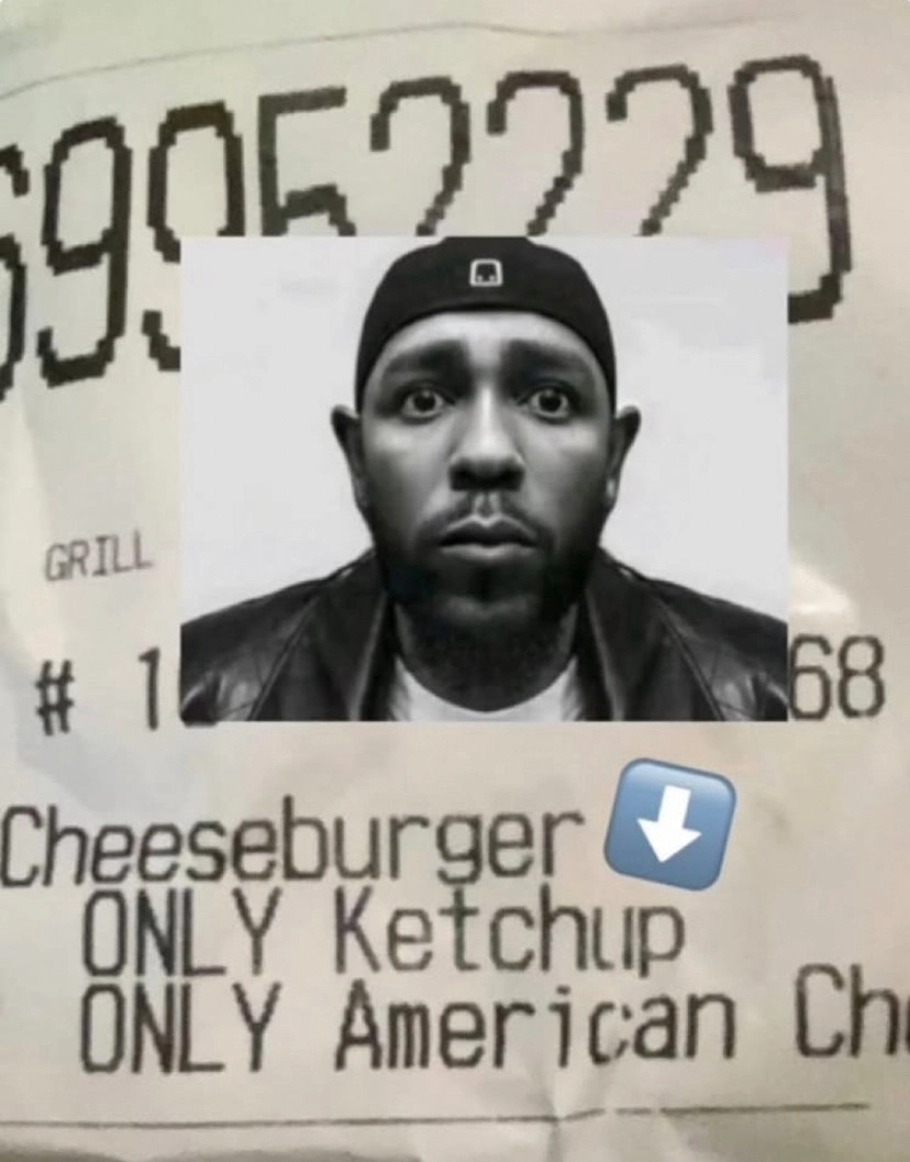 that kendrick lamar grin picture but he's ai made to be sad and an arrow points to a cheeseburger with ONLY Ketchup (no MUSTAAARDD 🤣)