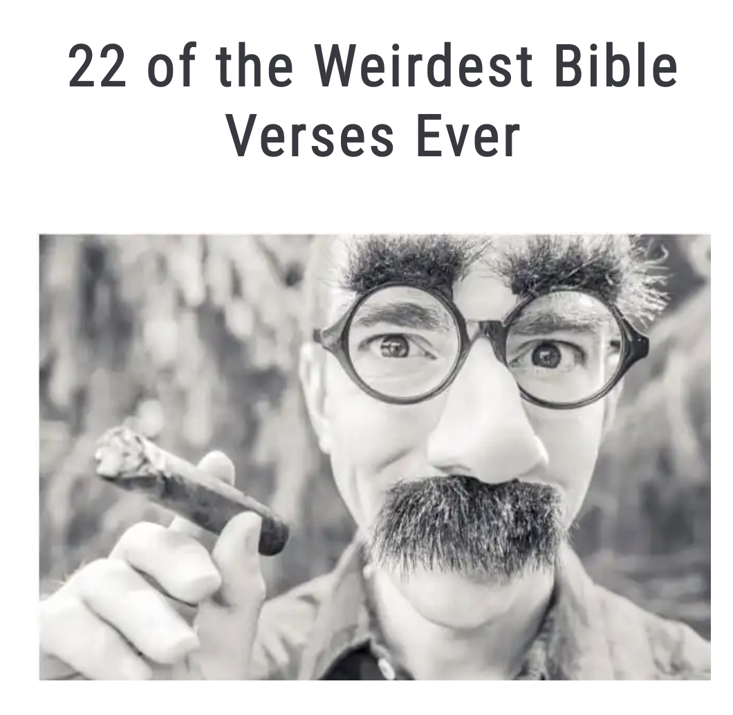 article titled 22 of the weirdest bible verses ever and its a picture of a person with a fake set of glasses, nose and mustache and a lit cigar