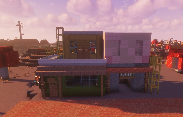 2 unit mixed used housing type house in minecraft, bottom left is green with a large window, bottom right is grey, above the grey is a pink block and left to that is a oak greenhouse with a large balcony. 