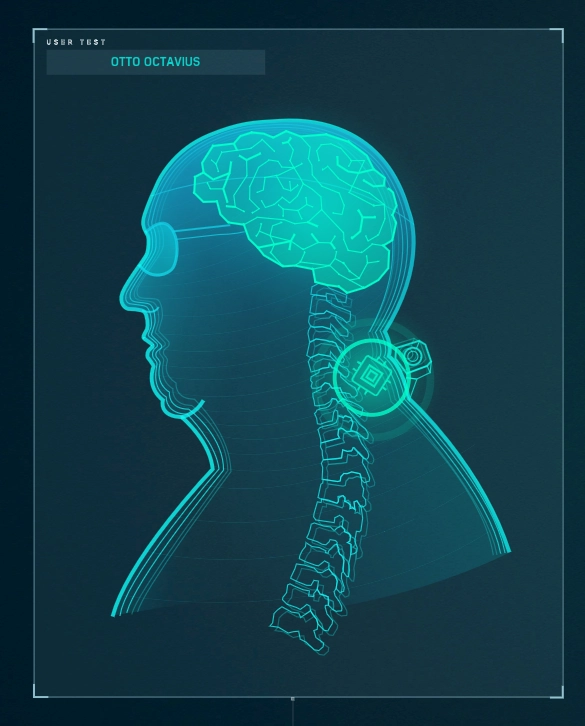 a sillhouette of a man looking sideways with his spinal cord and brain on the diagram lablled "otto octavius"