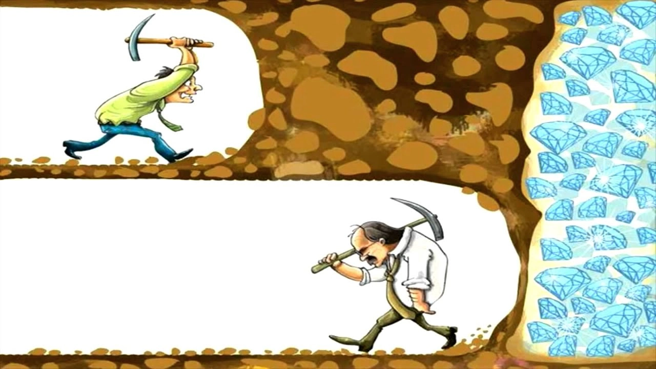 picture of the guy mining towards the diamond and the person below giving up right before the diamonds