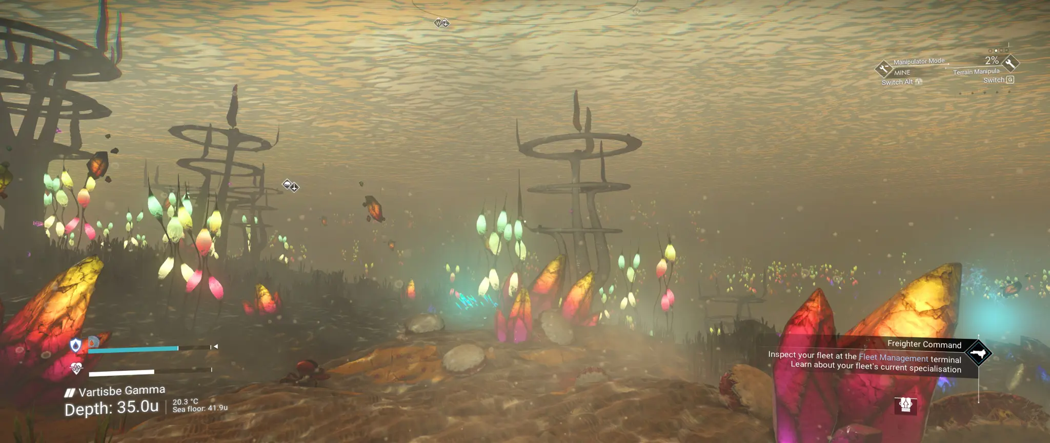 no man's sky underwater planet full of plants that look like towers with 3 rings, multicoloured bio-luminescent lights, and crystals that are a red/yellow colour