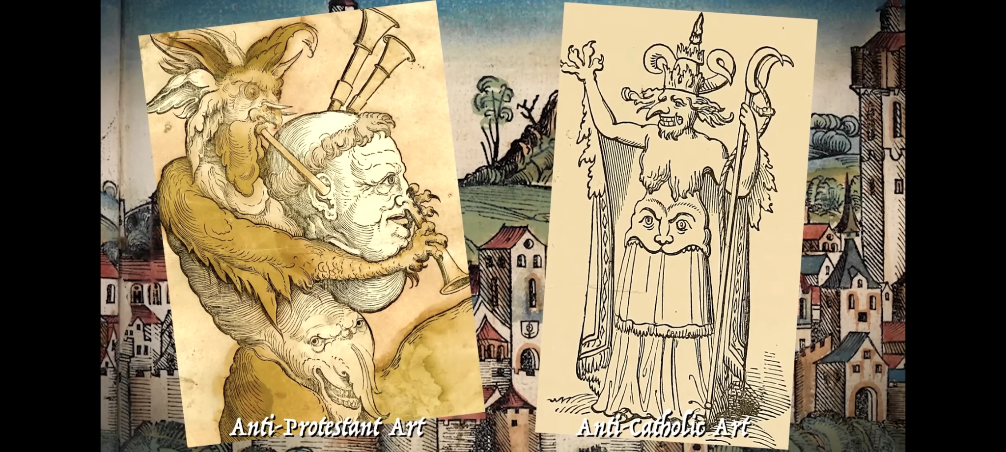 anti protestant art depicting a demon creature playing a human head as an instrument with a rod in the ear to blow air through and a horn to play notes out of from the nose.

on the other side is anti catholic art that depicts a catholic priest as a demon, with horns, long massive nose, and a face around the waist on the cloak