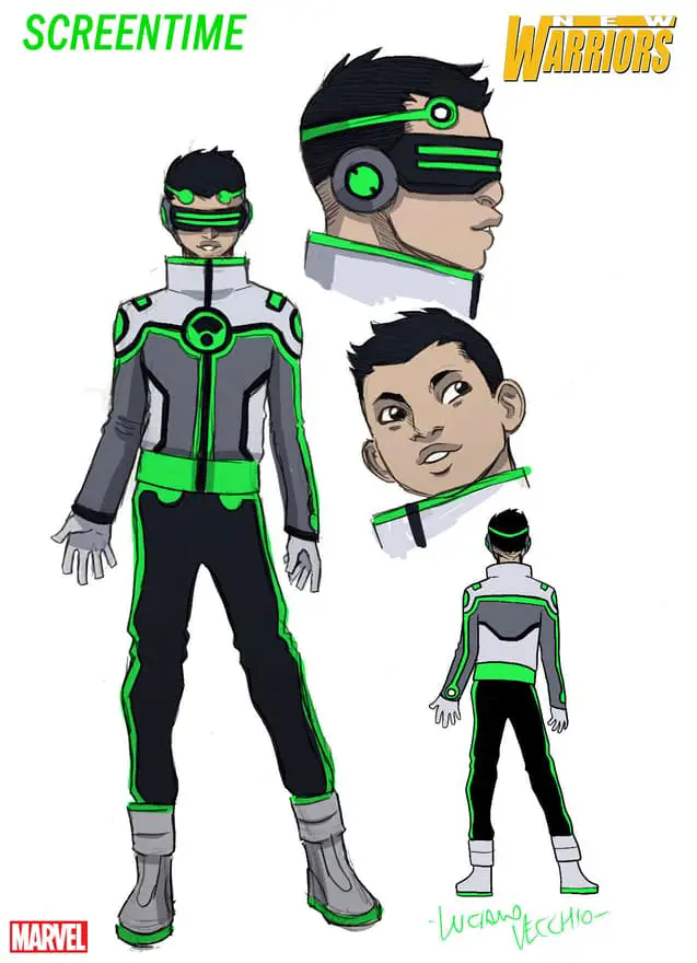art for a superhero named screentime that just looks like a human omnitrix with the same colour scheme