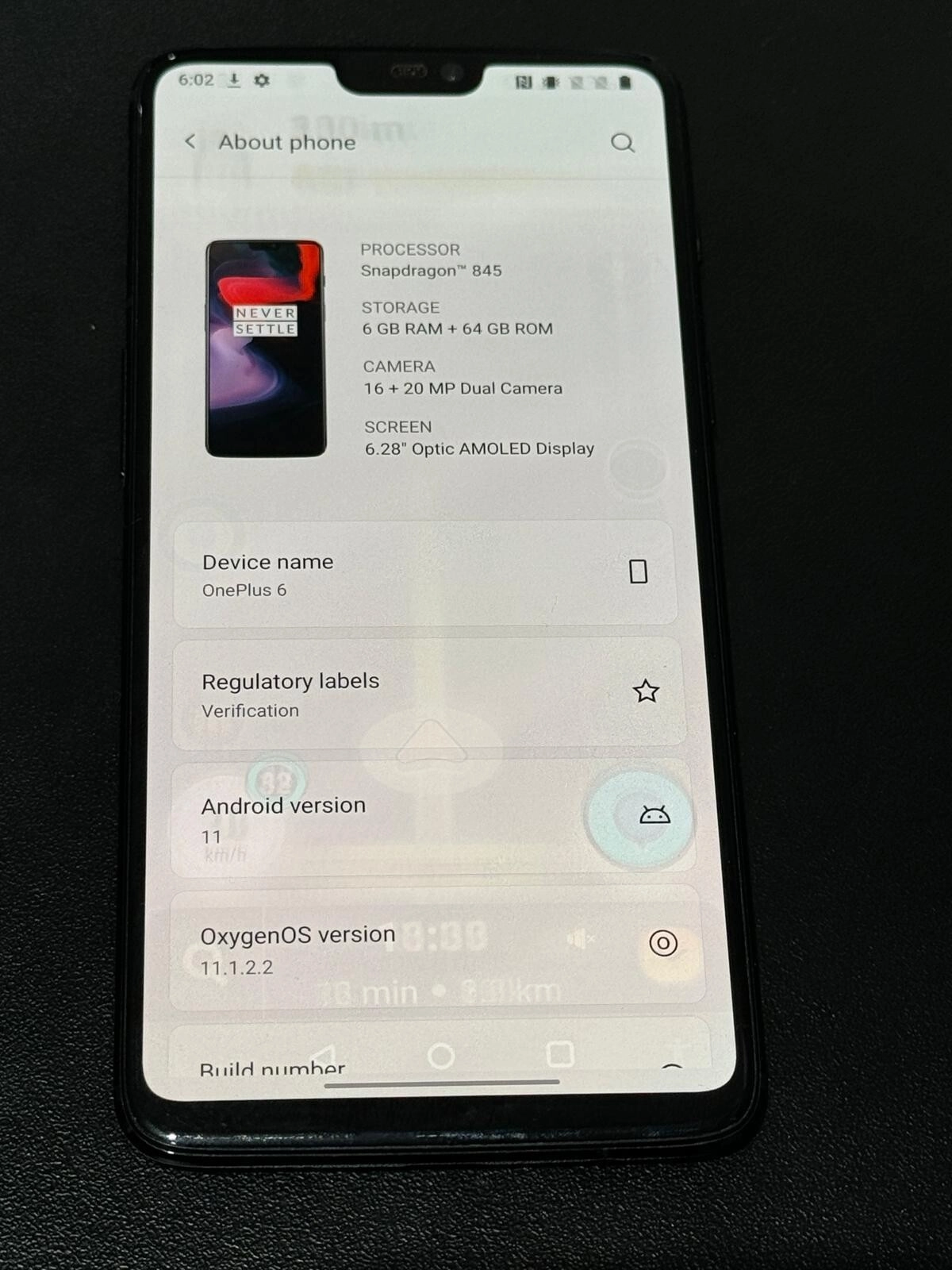 oneplus 6T with the google maps navigation burnt into the screen