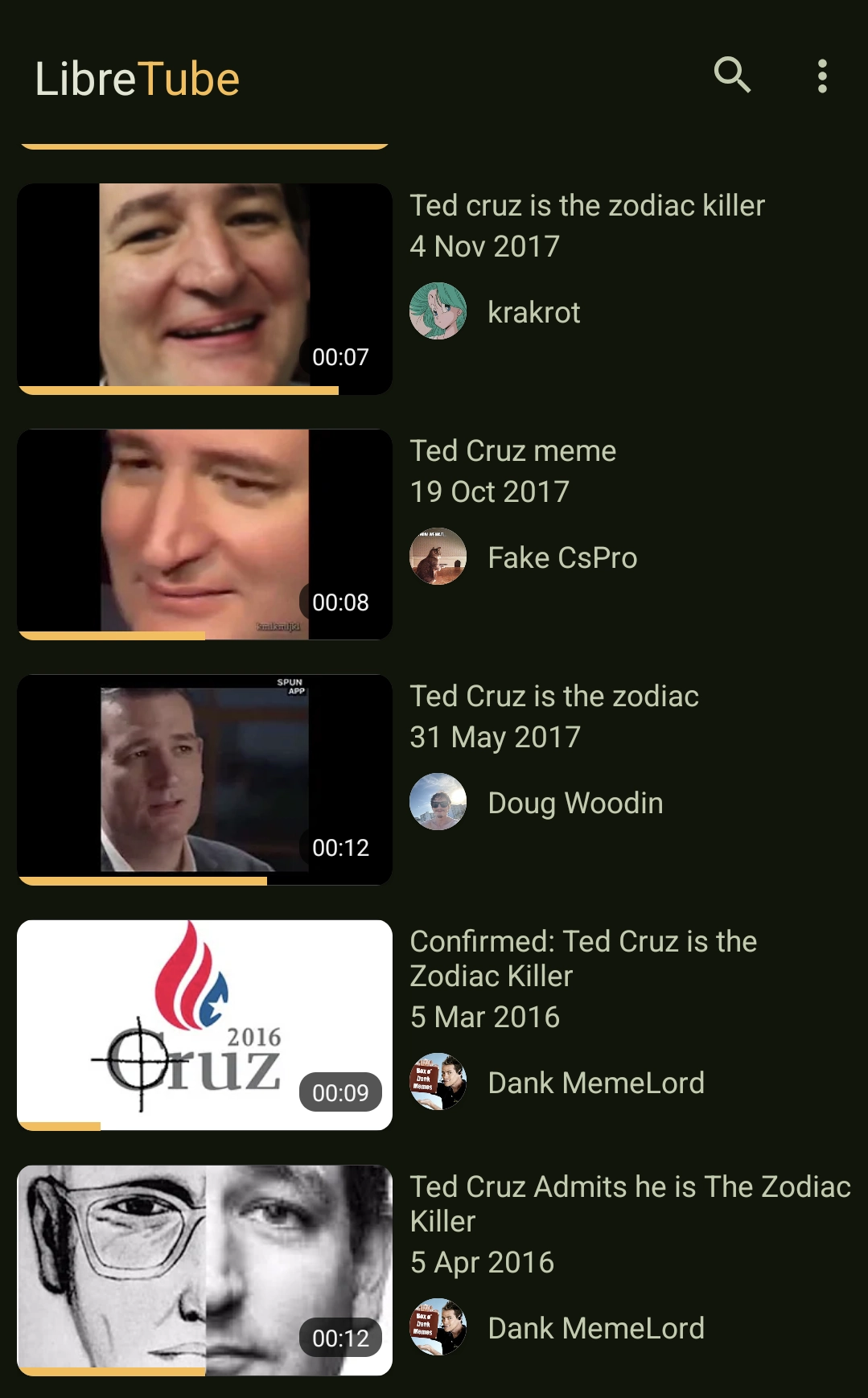 libretube history page with several ted cruz is the zodiac killer memes