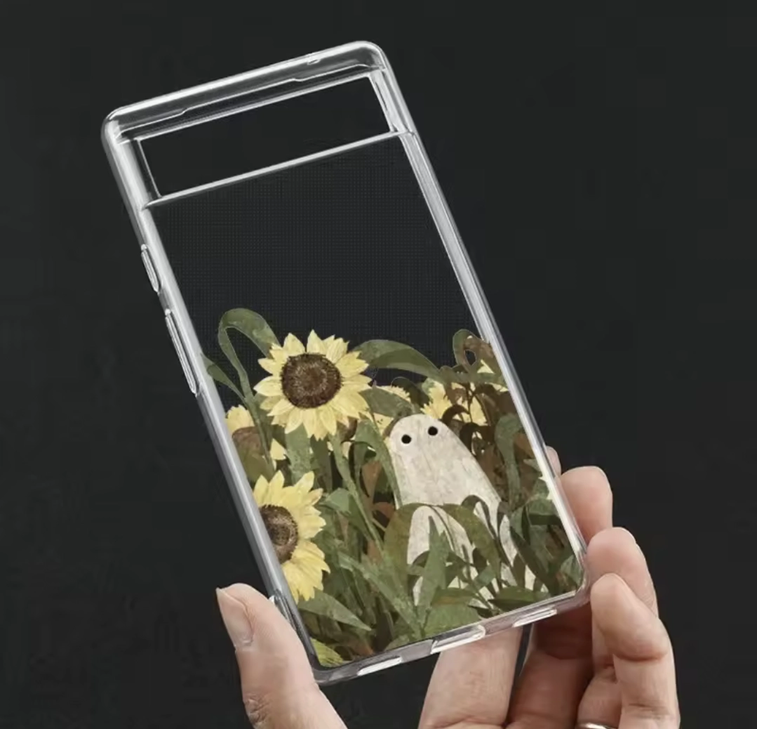 transparent google pixel 6 case with a oil painting style to it showing a ghost amongst a bunch of sunflowers